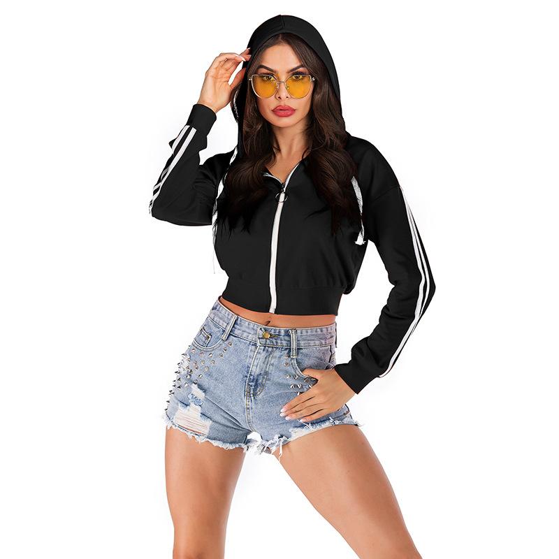 

Women Zipper Exercise Jackets Crop Top Fashion Solid Casual Long Sleeve Hooded Hoodie with Drawstring Coat Autumn Spring New, Black