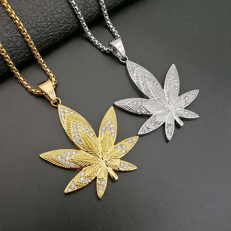 

Hip Hop Bling Iced Out Gold Color Stainless Steel Cannabises Pendants Necklaces for Men Rapper Jewelry