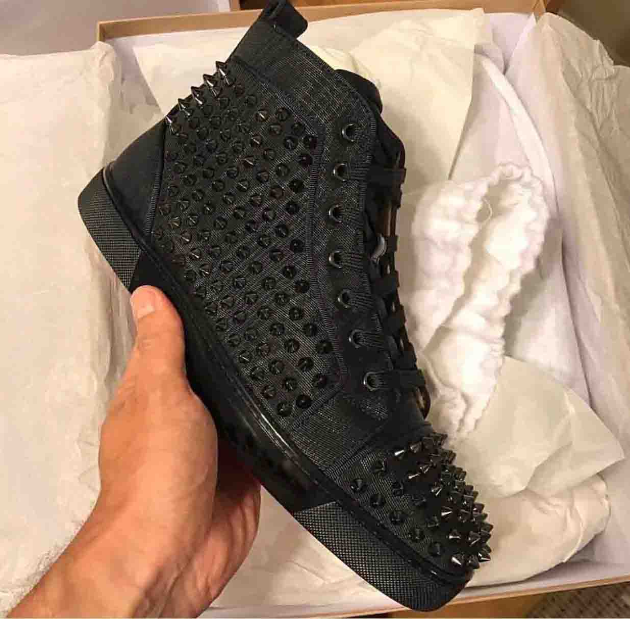 

Brands Designer Italy brand Shoes Red Bottoms Men's Spiked Flat Sneaker Black Matte Leather With Sliver Spikes,Luxury High Cut Casual Trainers