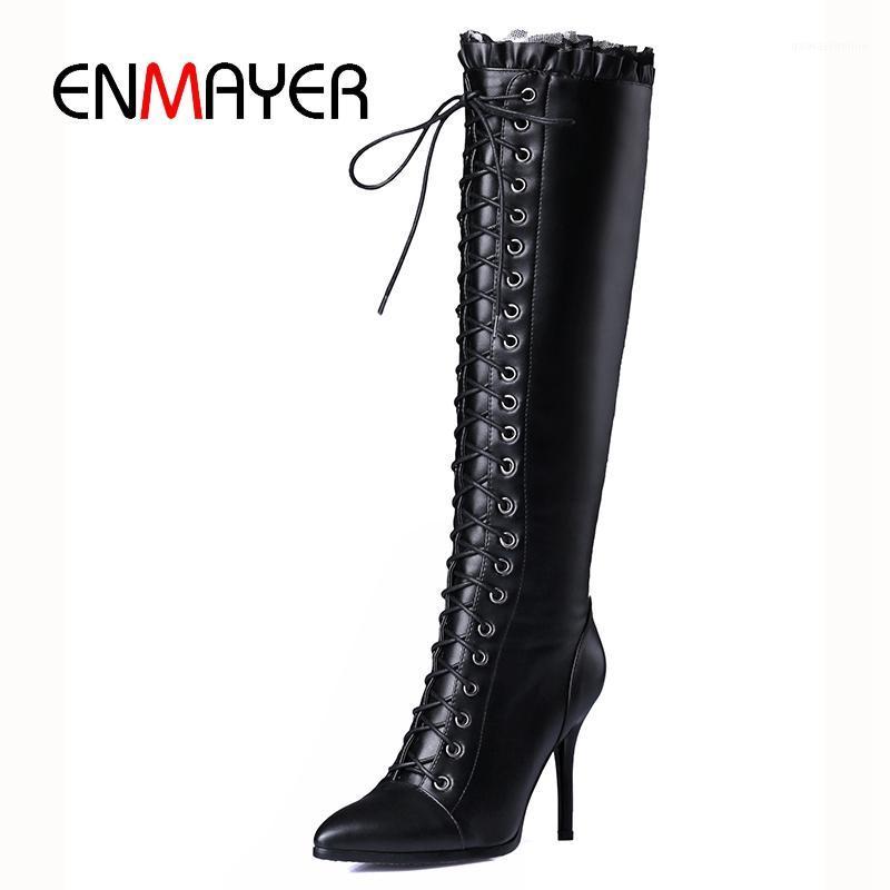 

ENMAYER 2021 New Fashion High Quality Women Cow Leather Lace-up Knee High Boots Lady Pointed Toe Heel Boots1, Black