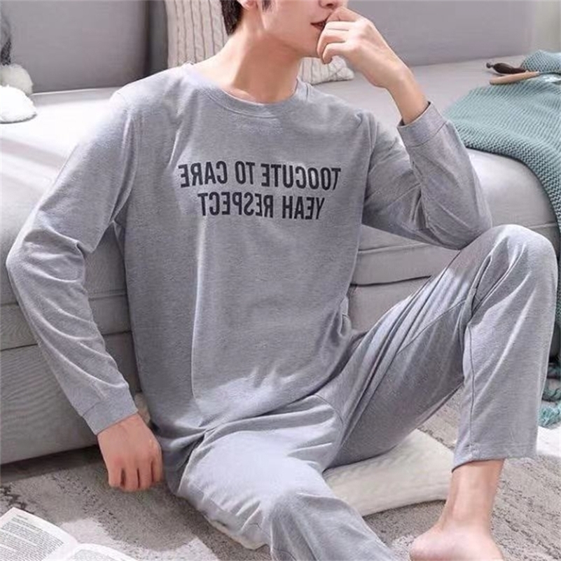 

Puimentiua Men's Cotton Pajamas Letter Striped Sleepwear Cartoon Pajama Sets Casual Sleep&Lounge Pyjamas Plus Size 2XL Pijama 201111, Beige