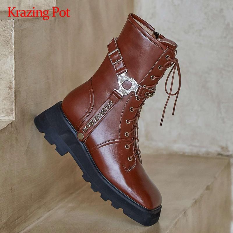 

Krazing pot motorcycle boots genuine leather chains buckle square toe thick high heel zip star punk handsome mid-calf boots L99, Black