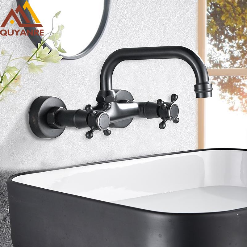 

Quyanre Blackend Wall Mount Basin Faucets Dual Handles Mixer Tap Hot Cold Water Mixer Tap For Kitchen 360 Rotation Kitchen