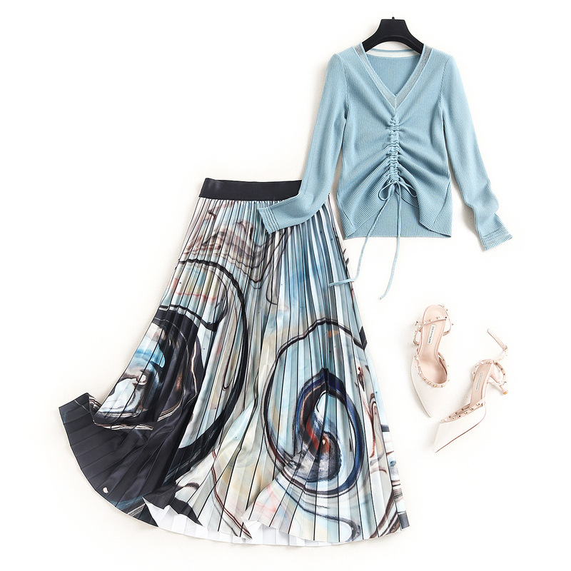 

2020 Fall Long Sleeve V Neck Blue Knitted Knits Tees Sweater Top + Pleated Panelled Mid-Calf Skirt Two Piece Suits 2 Pieces Set OO3060031