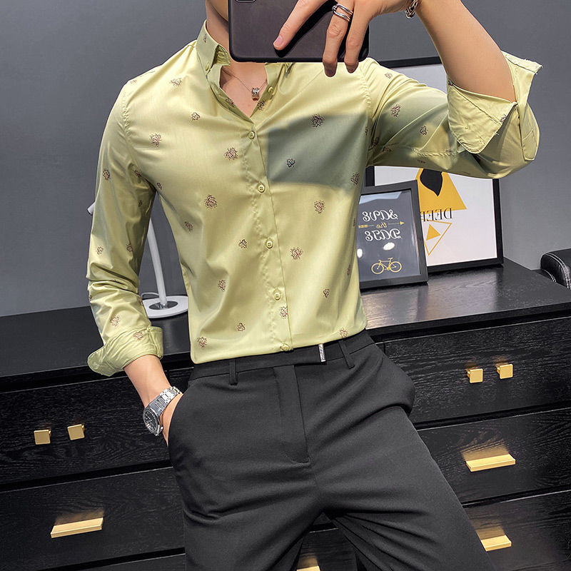 

Male New 2021 Season Thin Floral Pattern Sleeve Long Shirt Lapel Custom Youth 753C, Tender green