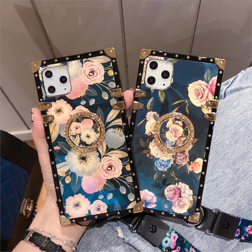 

Square Bling Diamond Shiny Rose Flower Stand Case For iPhone 11 Pro Max X Xr Xs Max 7 8 6 6s Plus Luxury With Strap Cover Coque