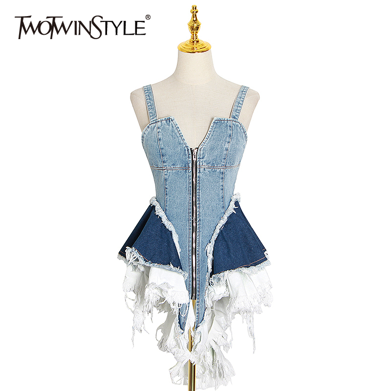 

TWOTWINSTYLE Sexy Patchwork Denim Women Tops Square Collar Sleeveless Spaghetti Strap Tunic Mesh Ruffles Hit Color Vests Female Y200701, Blue