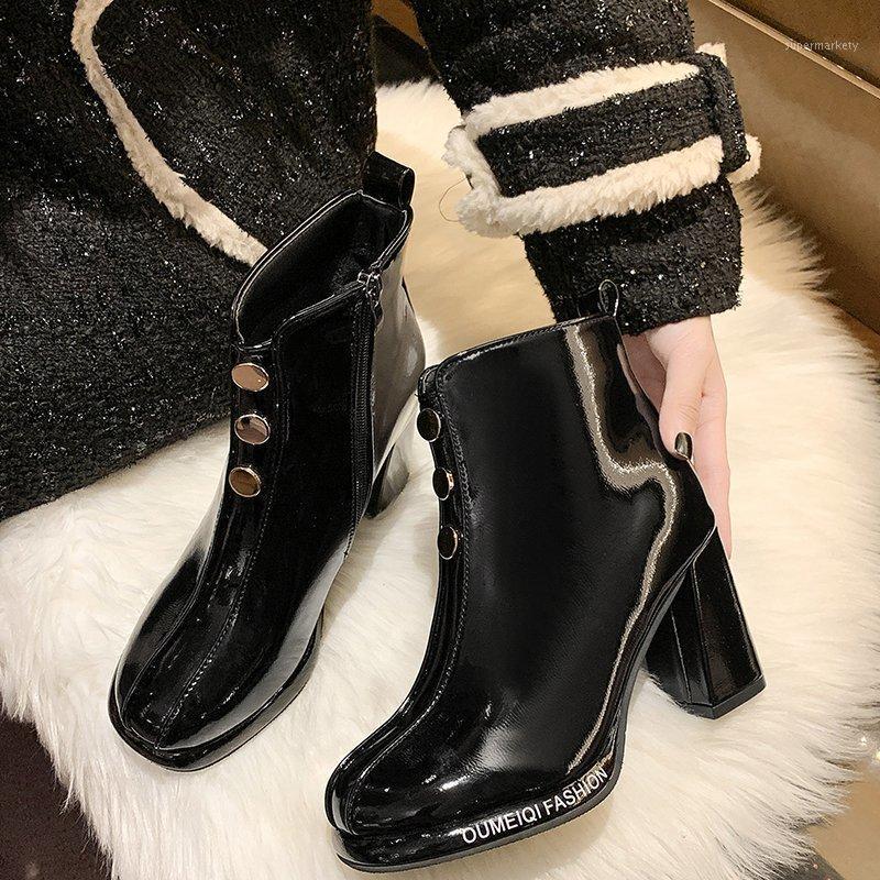 

2021 New Autumn Women's Waterproof Platform Short Boots Women Plus Velvet Platform Fashion Thick Heel Mid-Heel High Heels1, Black