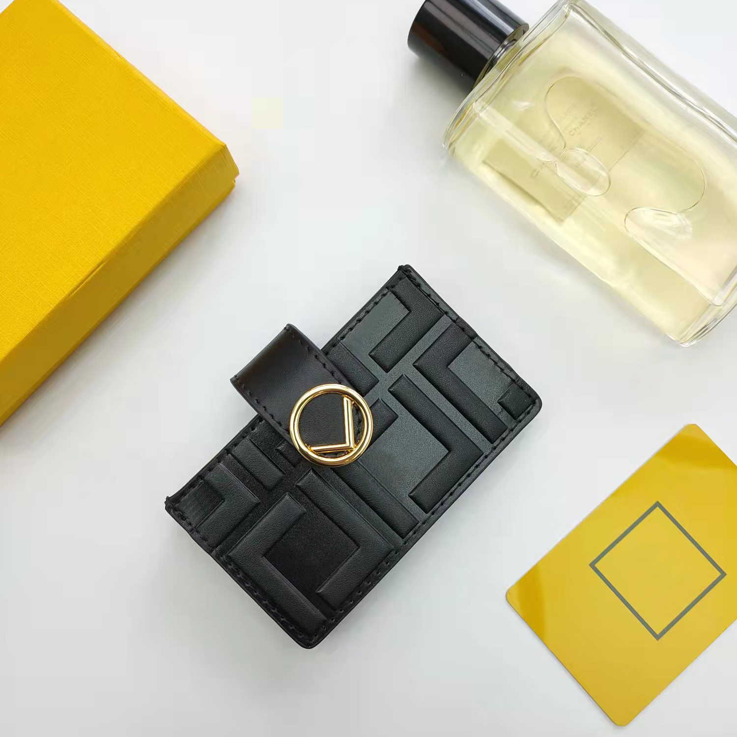

Printed Coin Wallet fashion middle sandwich convenience card bag 5 card slots with logo internal label black calf leather material 6 colors available