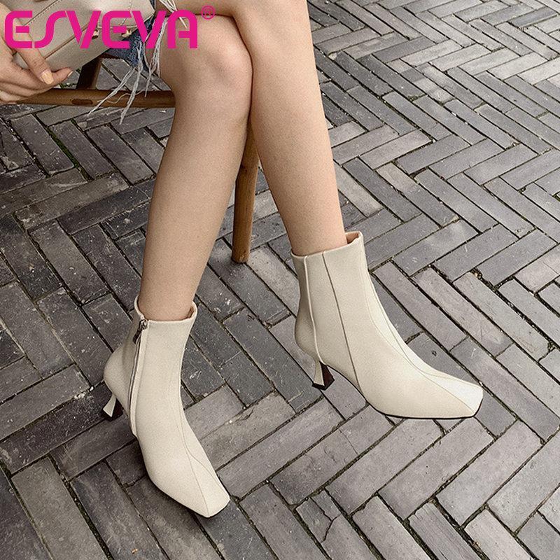 

ESVEVA 2021 Elegant Zipper Elegant Thin High Heel PU Leather Ankle Boots Women Boots Shoes All Match Woman Size 34-431, Red-short plush