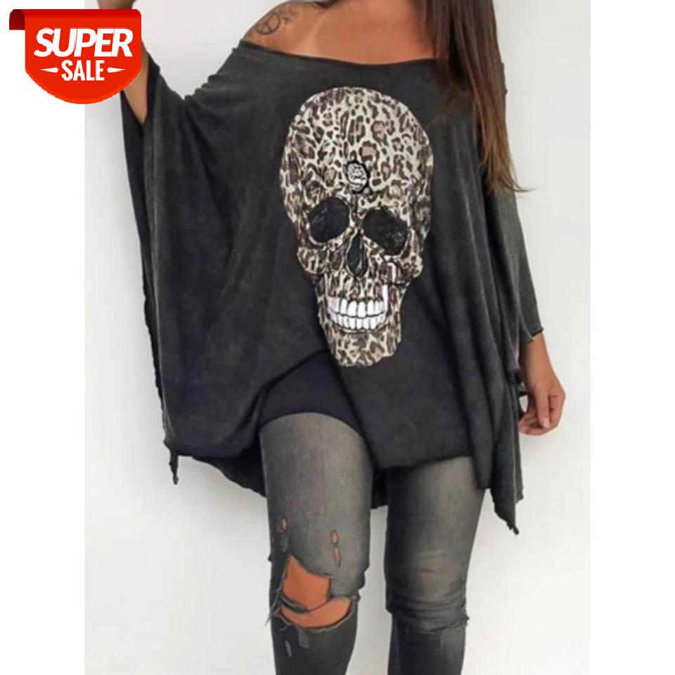 

Women Casual Summer T-shirt Loose Slash Neck Off Shoulder Skull Print Batwing Sleeve Tops Tees shirt Punk Style Plus Size 2020 #8i6O, White