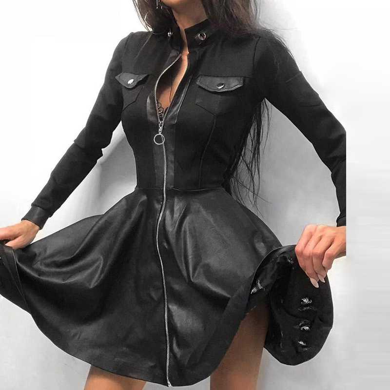 

Zipper Pockets PU Leather Dress Women Sexy Lace Mesh Sleeve Patchwork Party Dress Elegant Stand Neck Button Mini Dresses Y0118, Style4