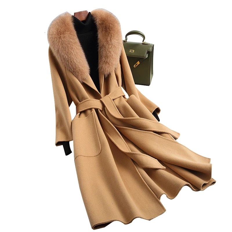 

2021 New New 100% woman's wool coat natural fox skin long leather thin woolen jackets with autumn belt female jacket, Black