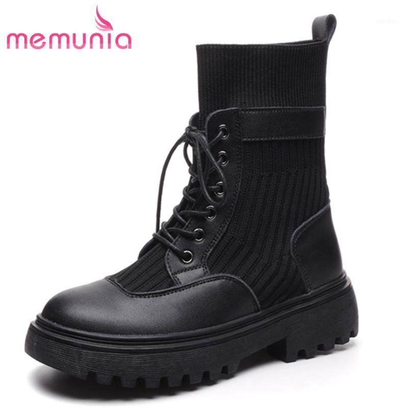 

MEMUNIA 2021 autumn winter boots fashion genuine leather shoes woman lace up low heel comfortable ankle boots for women black1, Black