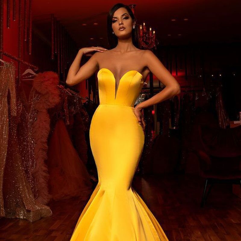 

2021 New Arrival Satin Sexy Strapless Mermaid Prom Robes Dressed As Bride to Be Party Dresses 5FUK, Yellow