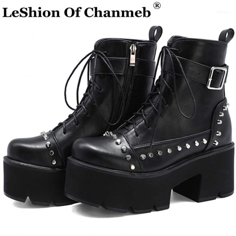 

Steam Punk Rock Rivets Studded Boots Women Chunky Heels Thick Platforms Motorcycle Boots Lady Female Lace up Buckle Booties Shoe1, Black