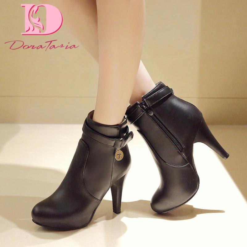 

DoraTasia Plus Size 31-44 New Ladies Spike High Heels Ankle Boots Fashion Buckle Boots Women 2020 Party Office Shoes Woman, White