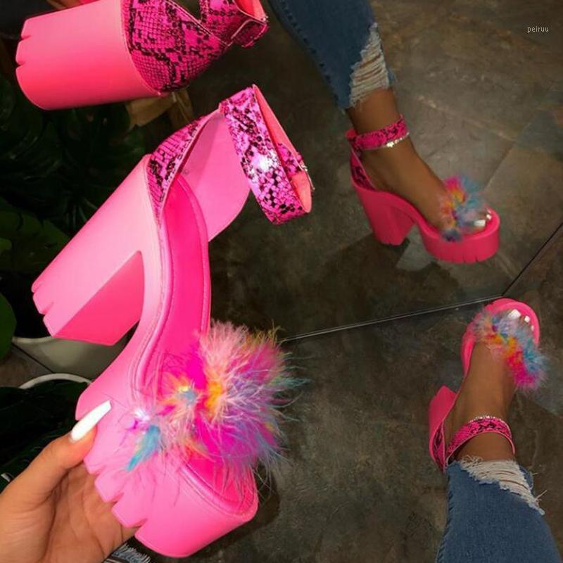 

High quality comfortable fashion sexy solid color plus size sandals New summer feather decoration super high heel women sandals1, Pink