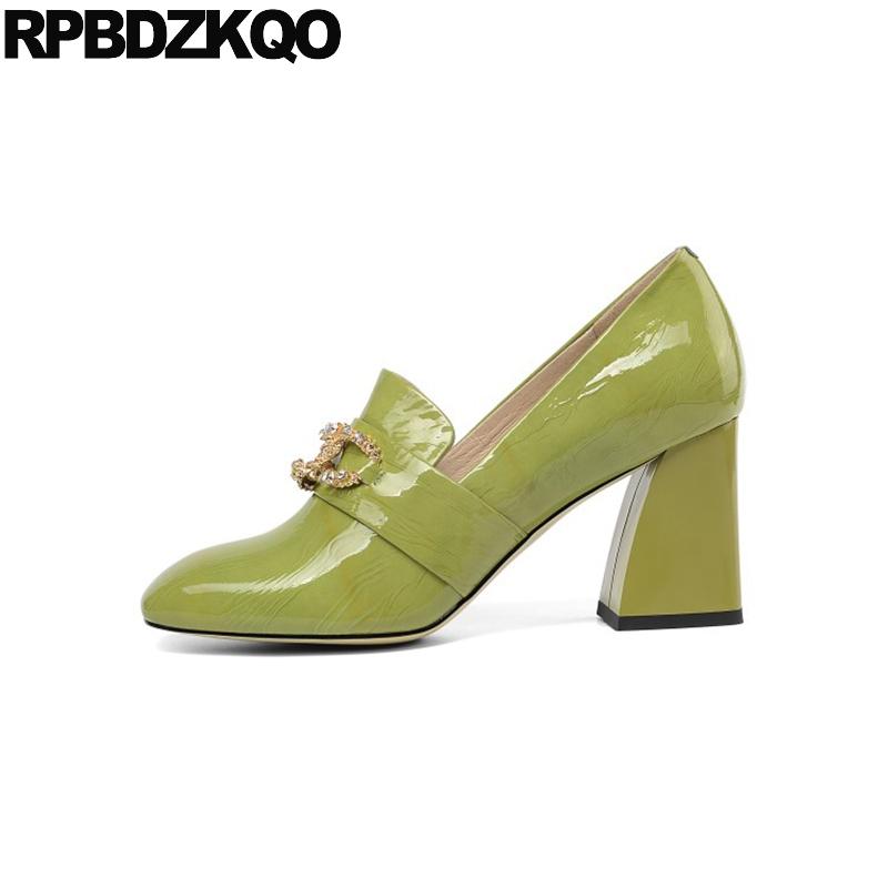 

square toe pumps green high heels shoes black 11 43 plus size chunky patent leather ladies diamond crystal rhinestone 3 inch