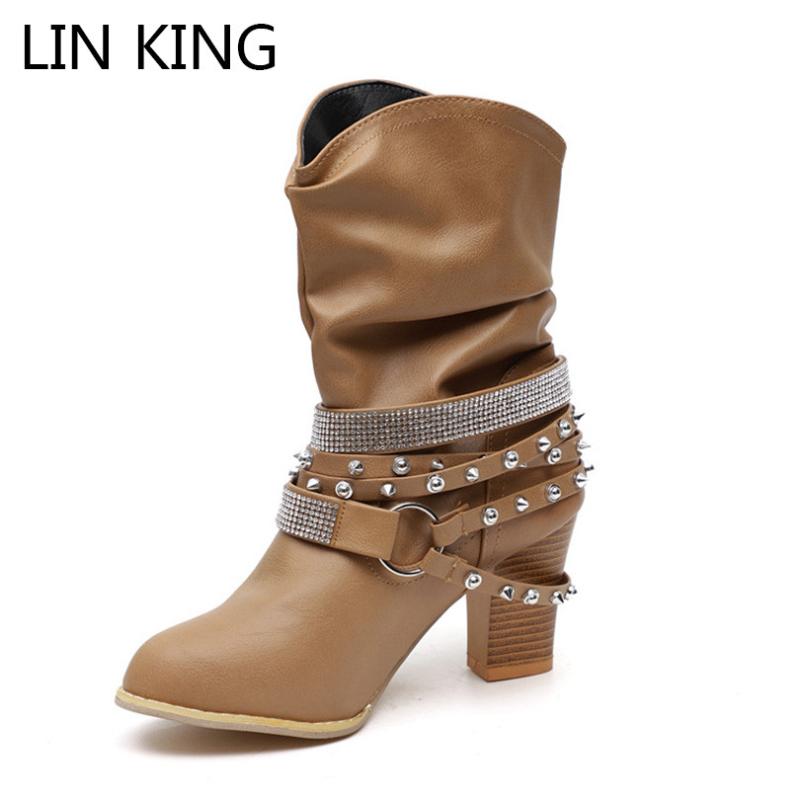 

LIN KING New Spring Autumn Big Size Women Boots Fashion High Heel Crystal Short Boots Punk Rivets Lady Round Toe Mid-Calf Botas, Beige