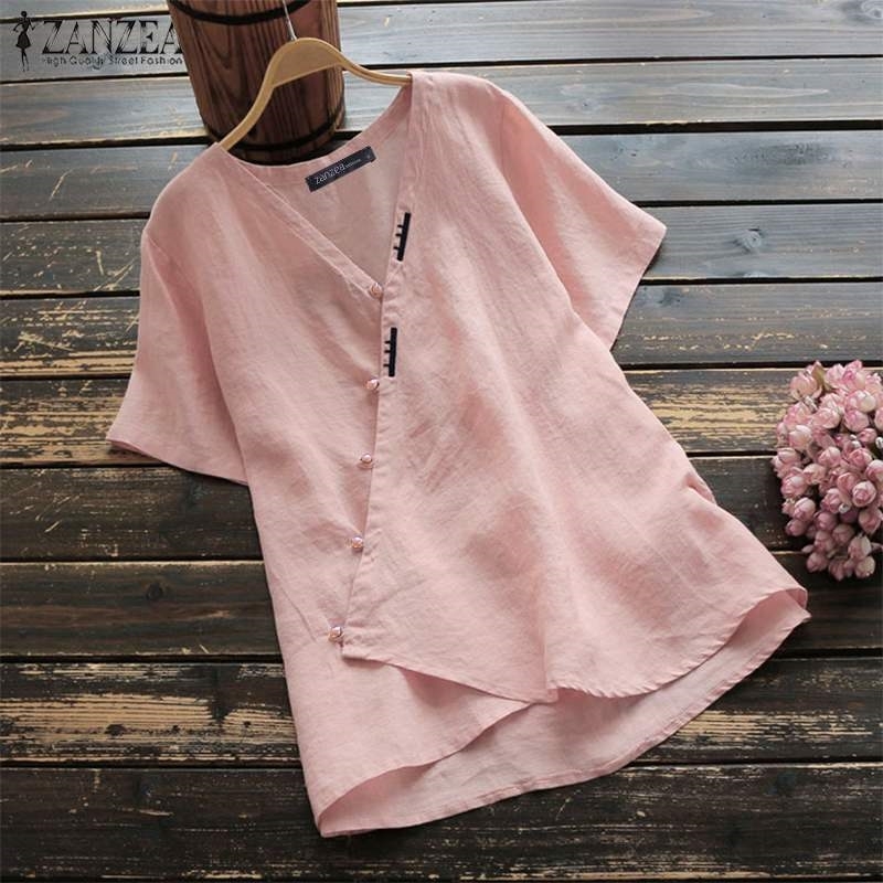 

ZANZEA Vintage Women V neck Short Sleeve Buttons Shirt Summer Cotton Linen Blouse Robe Femme Work Tunic Tops Chemise Solid Blusa Y200622, Pink