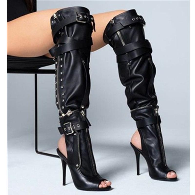 

Slingbacks Womens Over The Knee Boots Buckle Strap Motocycle Booties Peep Toe Pumps Long Botas Casual Party Shoes Bottes Femmes, Black ankle boots