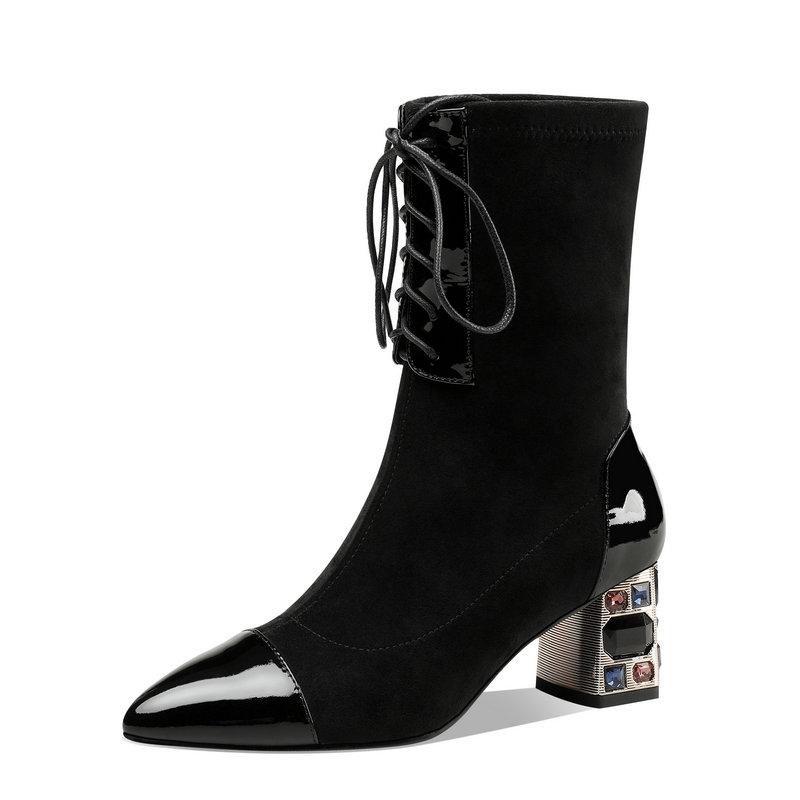 

2020 Autumn Winter Pointed Toe Women Mid-calf Boots Lace-up Concise Tow High Heels Boots Dancing Night Club Shoes Woman, 4cm