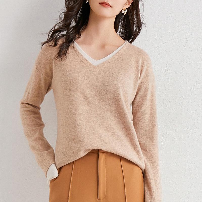 

Autumn Sweater Female 2020 New Fashion Long Sleeve Double V-neck Woolen Knitted Pullover Women Clothing Jumper Patchwork Sweater, Beige