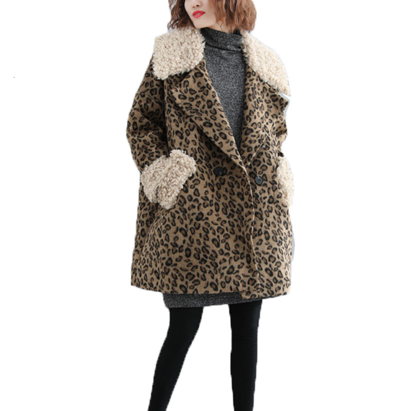 

2021 New Female Leopard Style Blended Wool Fur Collar Large Lambwool Coats Ladies Autumn Keep Warm Coat Outwear L9ZY