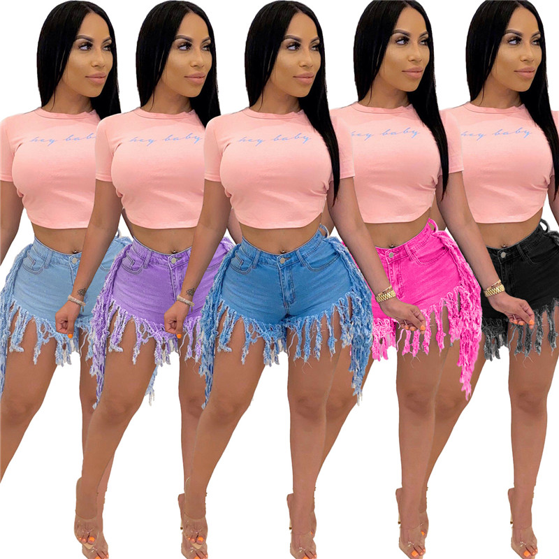 

2021 New Arrivals Womens Designer Shorts Summer High Waist Wear Out Tassels Shorts Jeans Fashion Casual Women Clothes, Light blue