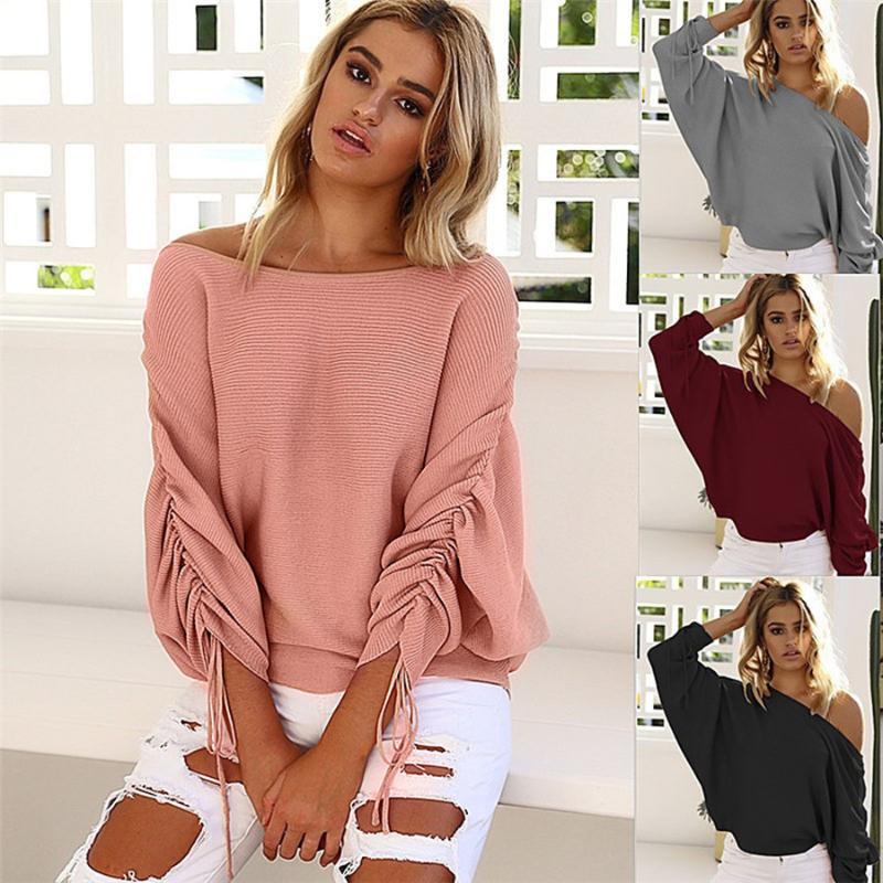 

New Style Womens One Shoulder Baggy Ladies Tops Chunky Knitted Oversized Sweater Jumper Sexy Fashion Hot Sales Wolovey#20, Gray