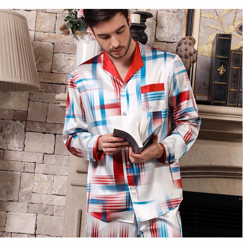 

Men's silk pajamas two-piece suit long-sleeved 100% mulberry silk pajamas printed homewear, Color 1