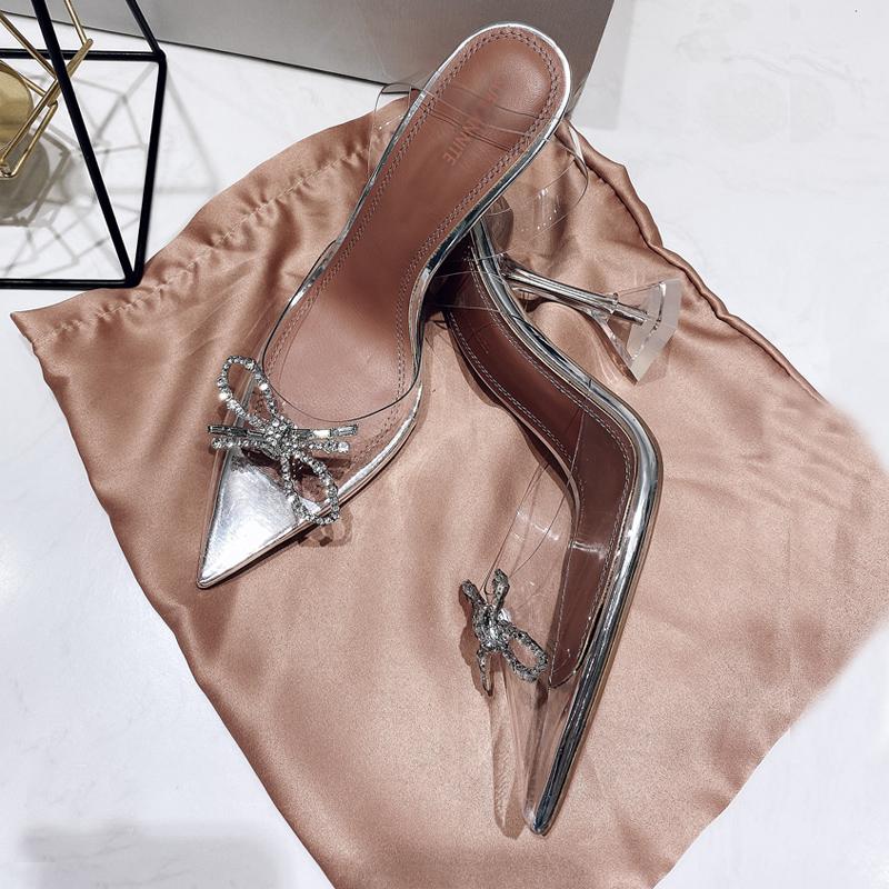 

Pointed crystal thick high-heeled sandals 2021 summer new leather bow banquet dress rhinestone female bride wedding shoes, Stiletto