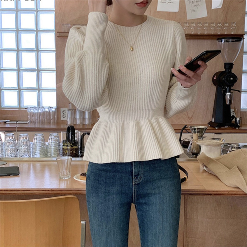 

2021 New Female Sweater Solid To-the-neck Ruffles Crochet Tops Mrs. Office Pit Waist Knitting Sweaters Autumn Winter 54IJ, Black