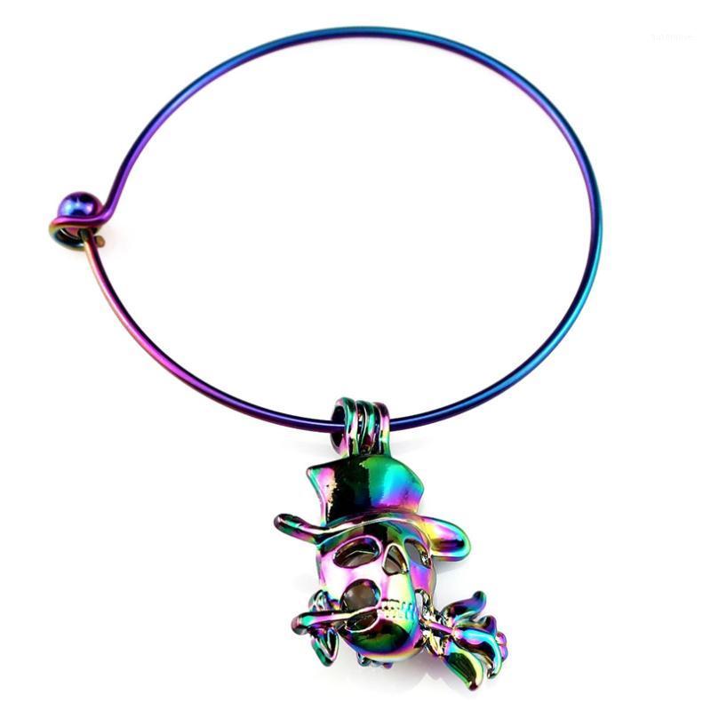 

B-C848 Rainbow Rose Skull Loyal Beads Cage Locket Wrist Girl Women Expandable Wire Steel Bracelet Bangle1