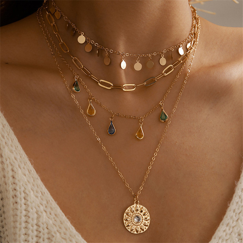 

Fahion Multilayer Rhinestone Pendant Necklaces For Women Party Alloy 18K Gold Plated Heart Star Moon Water Drop Silver Short Chokers Necklace Jewelry Gift