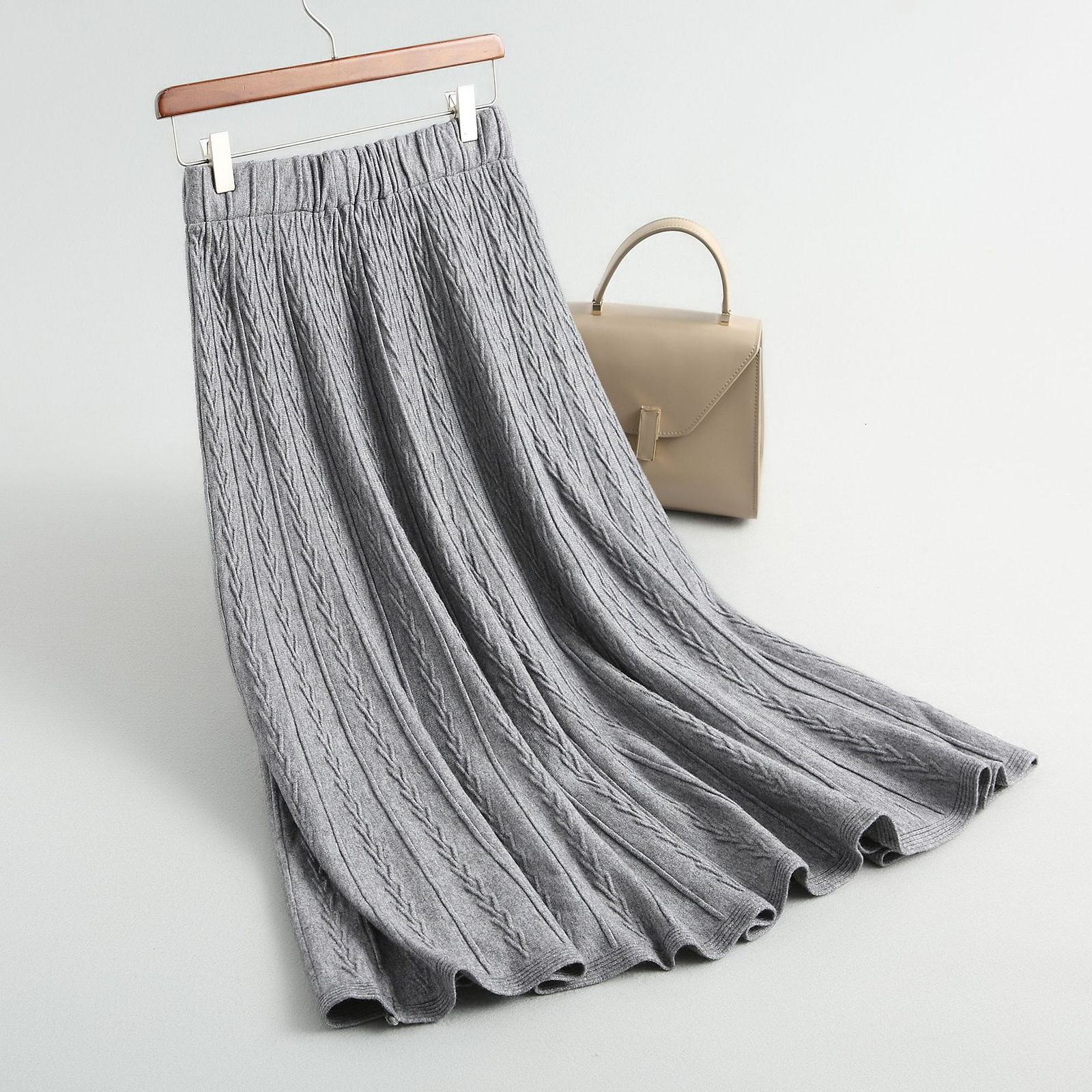 

2021 New High Waist Knitted Casual Pleated Long Pure Color Women a Line Skirt Faldas Jupe Femme Saia Cesu, Black