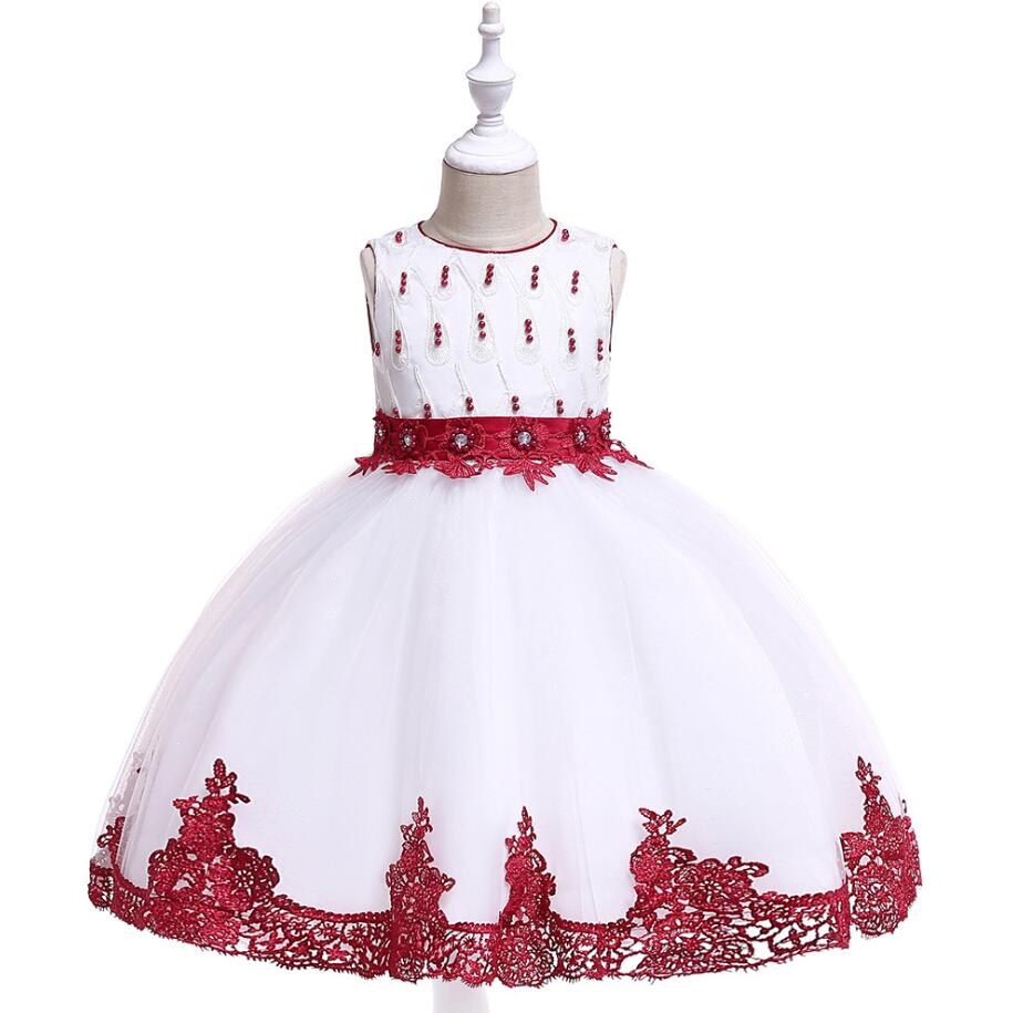 

Fashion color matching Kids dress embroidery party princess dress girl bow beaded bridesmaid dress flower girl elegant wedding, Red