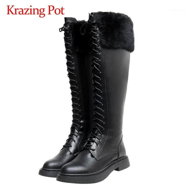 

Krazing pot equestrian boots split leather wool cross-tied round toe thick low heel zipper keep warm dress knee-high boots L5f11, Black