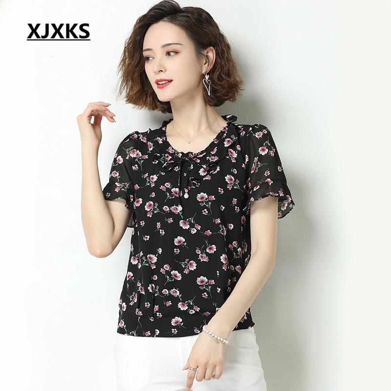 

XJXKS Fashionable little floral women summer T-shirt 2020 new high-quality comfortable ultra-thin chiffon women tops, Black