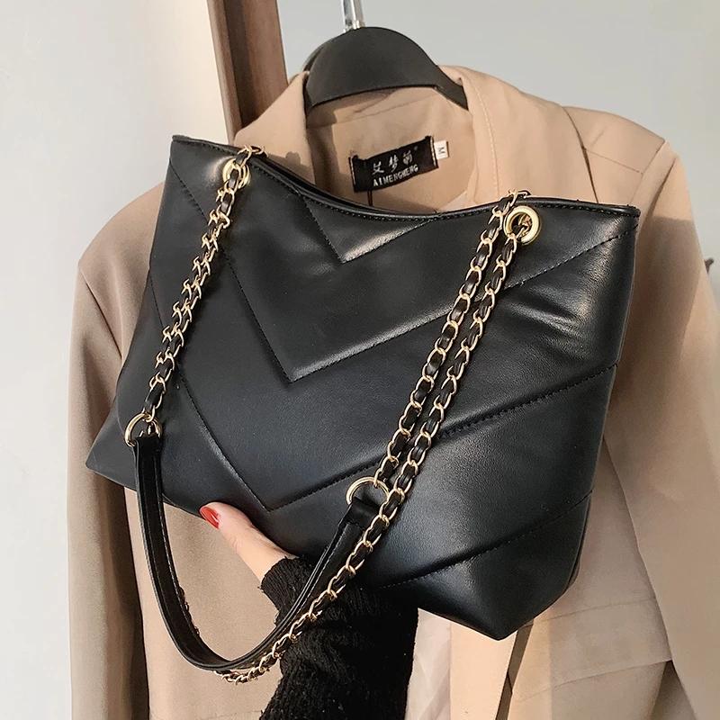 

Chain PU Leather Shoulder Bags for Women 2021 Female Luxury Black Totes Crossbody Ladies Travel Handbags and Purses
