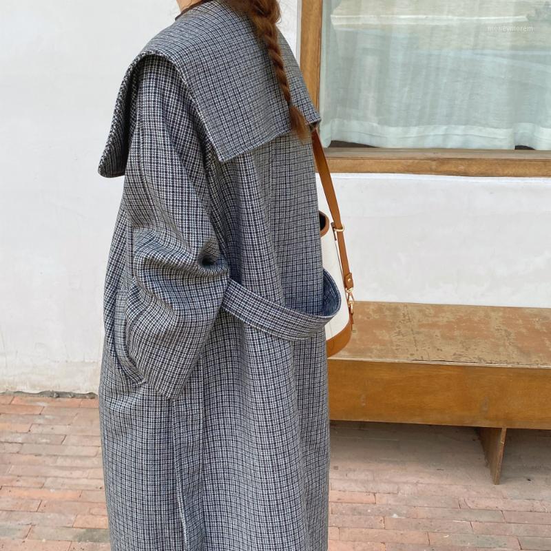 

Women Autumn Winter Houndstooth Long Wool Coat Jacket Single Breasted Woolen Overcoat with Belt Sailar Collar1, Brown