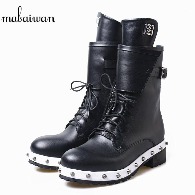 

Mabaiwan Fashion Black Genuine Leather Shoes Women Winter Snow Short Ankle Boots Zipper Rivet Round Cowboy Lace Up Riding Boots1, Black leather in