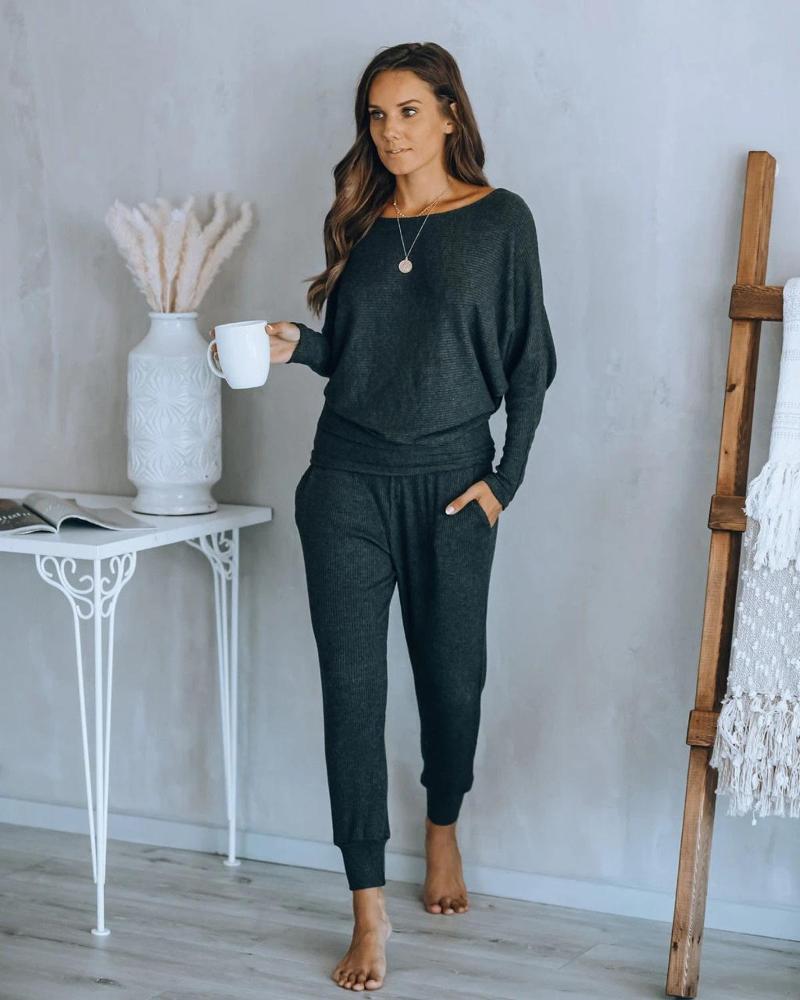 

Hot Sale Women Pajamas Set Sleepwear Autumn solid color Long-sleeved T-shirt + Full-length Sleep Pants Girl Knit lounge wear