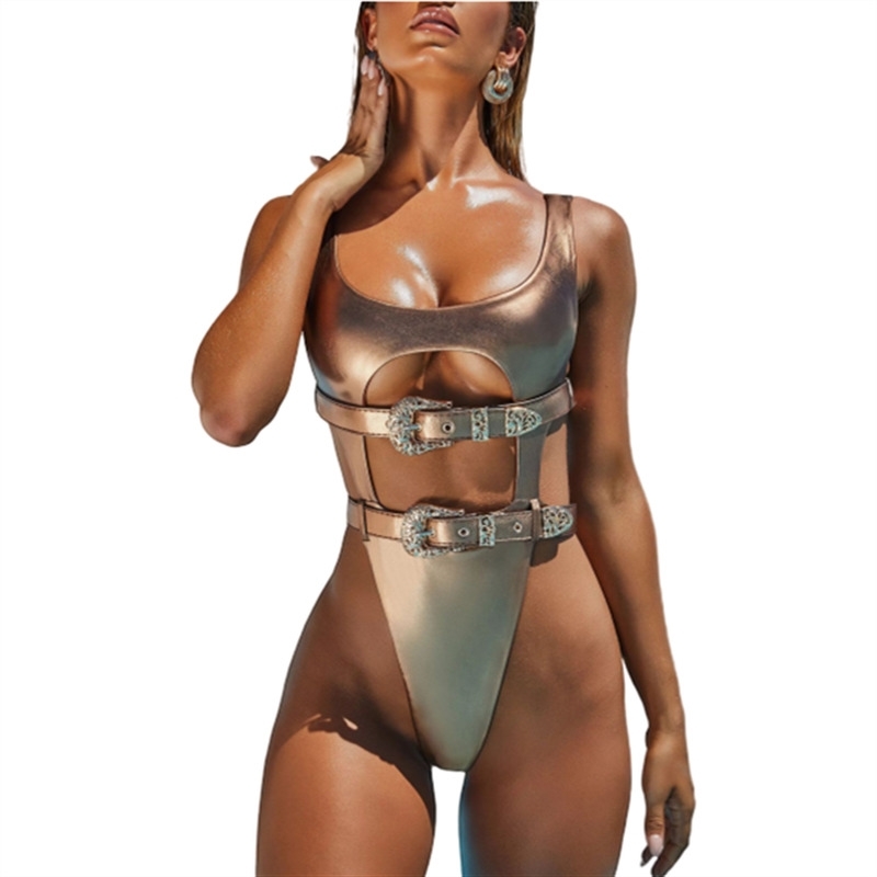 

One Piece Bathing Suit Buckle Swimwear Women Swimsuit Female Bathing Suit Monokini High Leg Cut 1 Piece Badpak Swim Suits Y200824, Gold