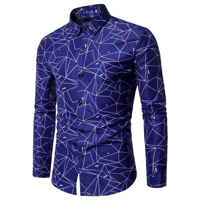 

2020 Spring and Summer New Cross-border Hot Printing Long-sleeved Shirt Men' Foreign Trade Casual Geometric Pattern Slim Shirt, Black