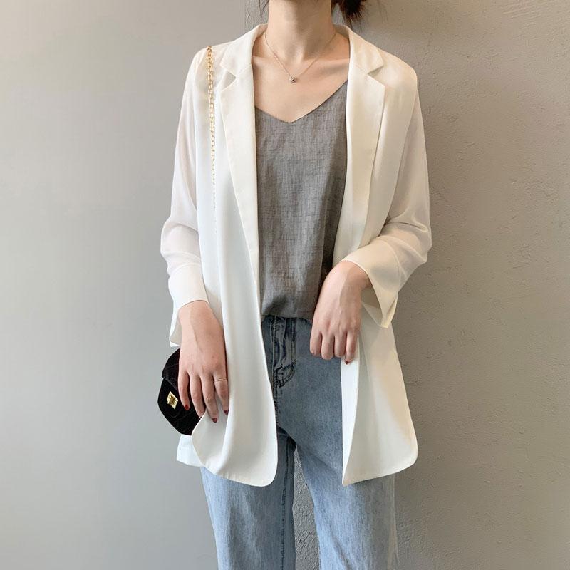 

Drape Thin Suit Chiffon White Black Small Suit Jacket Female 2021 New Spring Autumn Loose Women Coat Chiffon Cardigan Top 050F