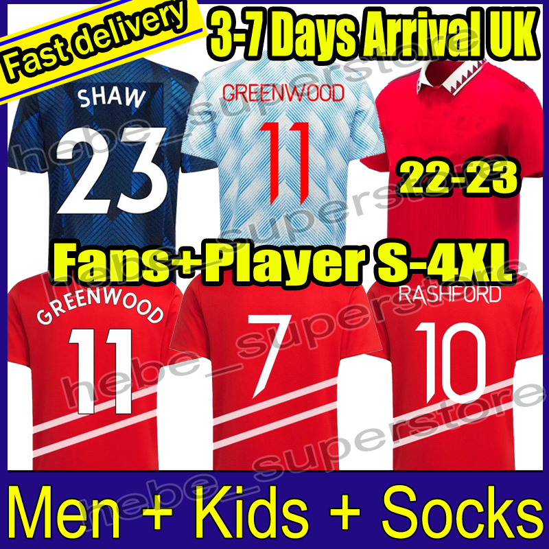 

S-4XL 21 22 23 SANCHO SHAW Cavani soccer jerseys Fans Player version BRUNO FERNANDES POGBA RASHFORD football shirt 2021 2022 2023 man kids kit, 22-23 away