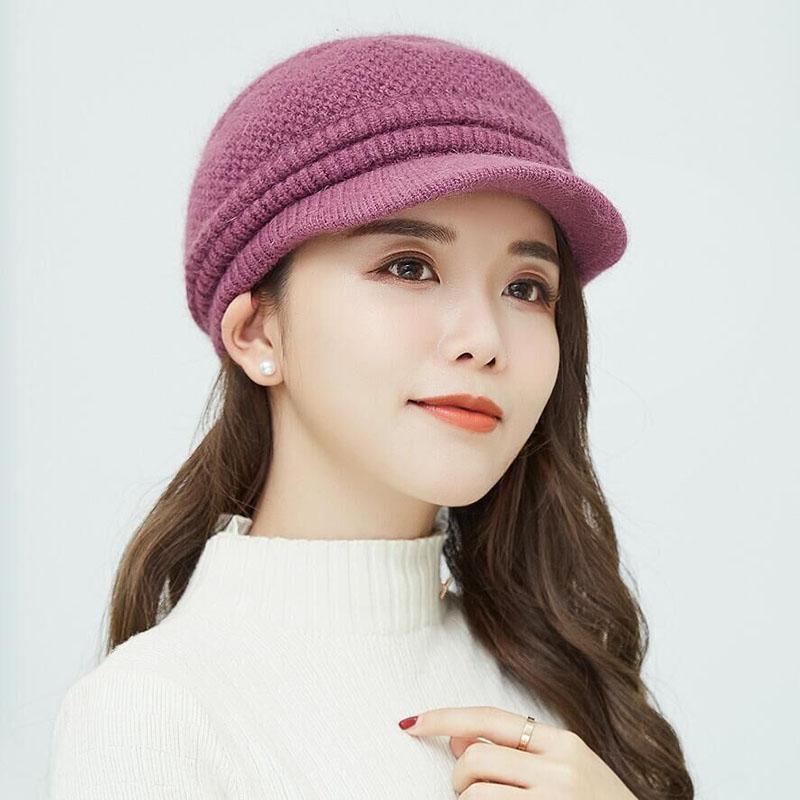 

Winter Women Cap Warm Knitted Thicken Fur Wool Ladies Beret Hat Beanie Hat Visor Newsboy Cap for Women, Black