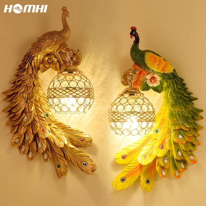 

Gold Peacock Modern Indoor Lighting Fixture Led Lights Decoration for Wall Lamp Loft Luxury Art Deco Animal Crystal Lampshade